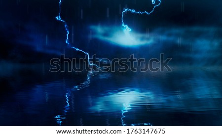 Dramatic background of the night sky, thunderstorm, lightning. Smoke, fog, smog against the background of the city landscape. Reflection of lightning in water. The river at night. 3D illustration 商業照片 © 