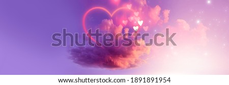 A cloud of love. Futuristic abstract landscape, sky, purple, pink and orange neon, beautiful pink sunset, heart shape, magic. Cloud over water, heart bokeh light. 3D illustration.