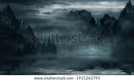 Night fantasy Futuristic landscape with abstract mountains and island on the water, moonlight. Dark natural scene with reflection of light in the water, neon blue light. Dark, dramatic forest. 3D 