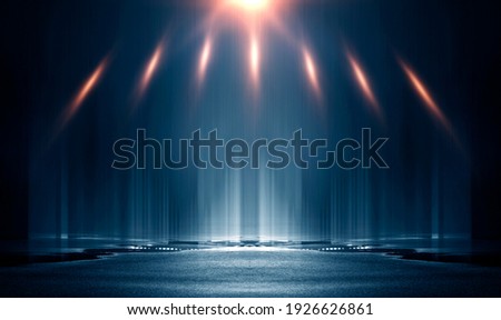 Light effect. Wet asphalt, night view of the city, neon reflections on the concrete floor. Night empty stage, studio. Dark abstract background, dark empty street rays and lines. Night city. 3D