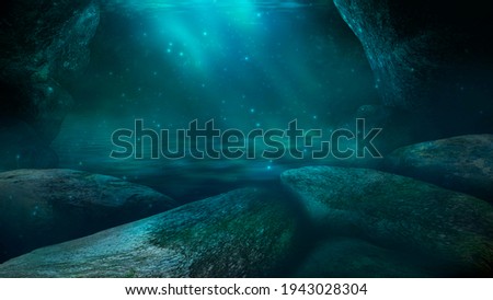 Depth of sea water, the bottom of the sea, the rays of the sun through the water, the underwater world, dark sea the background. Rocks and stones under water. Sea sand. 3d illustration 