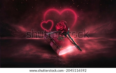 Fantasy magic dark red background, night landscape, red rose and old book. Vintage magic book of love with bokeh hearts. Smoke, smog, red neon reflection on water. Magic, fortune telling. 3D. 