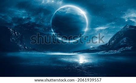 Futuristic fantasy landscape, sci-fi landscape with planet, neon light, cold planet. Galaxy, unknown planet. Dark natural scene with light reflection in water. Neon space galaxy portal. 3d  Photo stock © 