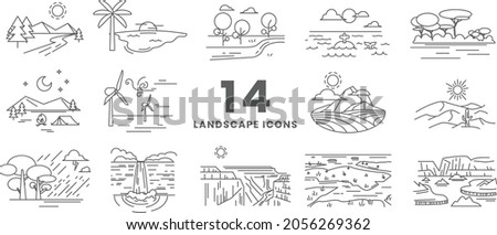 Landscape nature icons set bundle - mountain, beach, river, lake, ocean, sea, savanna, camping ground, windy field, high land, desert, rain forest, waterfall, canyon, swamp, ice land