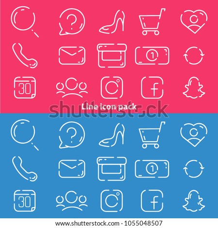 price, customers, free returns, box, search, help, shoes, basket, my account, telephone, email, facebook, instagram, snapchat icons. Minimal, colorful style. Line vector.