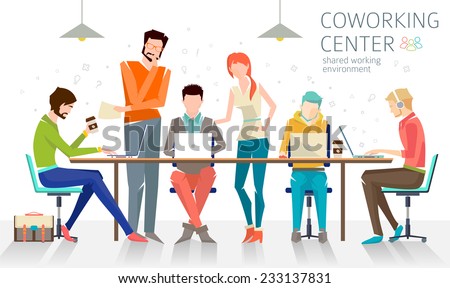 Concept of the coworking center. Business meeting. Shared working environment. People talking and working  at the computers in the open space office. Flat design style.