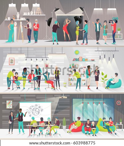 Concept of big art space. Art people work together in coworking place. Art office. Discussion, presentation, painting, design, library, photography, lounge, meeting. Vector flat illustration.