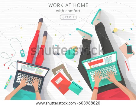 Concept of working at home. Relaxation. Work wherever you want with pleasure. Creating ideas. E-learning. Freelance. Flat vector illustration.