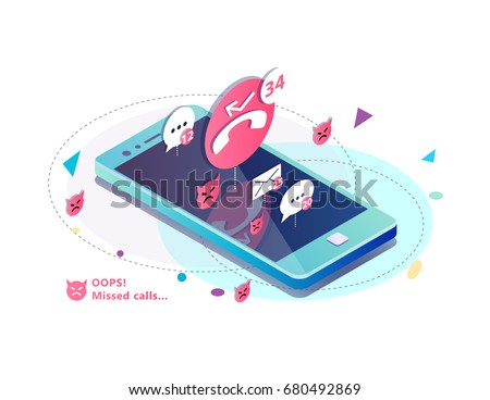 Isometric concept with mobile phone, missed calls, icons of messages. sms and mails notification. Vector illustration.