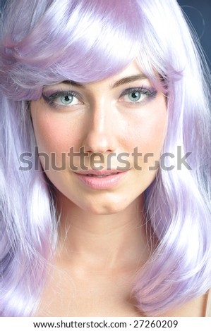 a beautiful model wearing a lavender wig