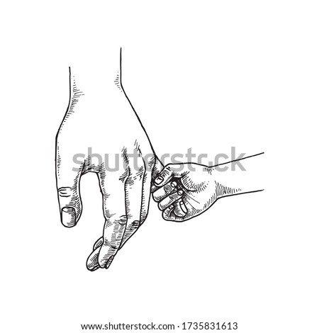 Parent and Child Holding Hand, Hand Drawn Illustration, Monochrome Isolated Vector
