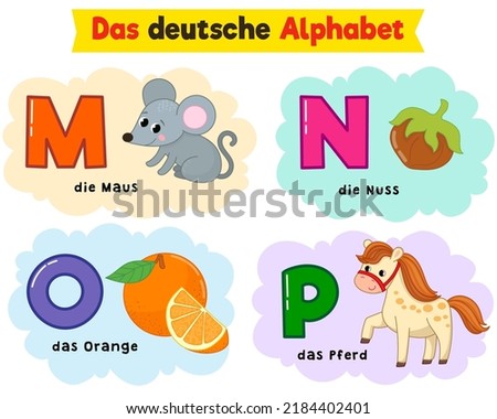 german alphabet. written in German mouse, nut, horse, orange