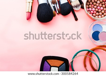 Background of cosmetics. Top view
