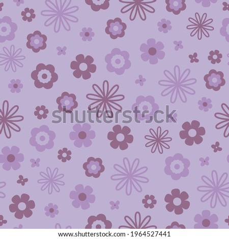 1960's and 1970's style inspired floral design. With lilac and mauve coloured cute, quirky retro illustrated flowers on a light purple background. Seamless vector repeating pattern texture.