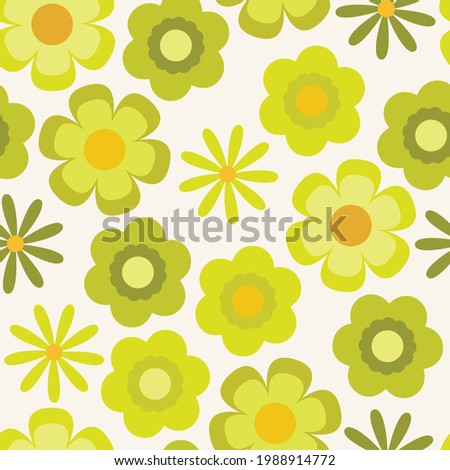 Psychedelic chartreuse floral seamless vector pattern. Retro bold, groovy design with yellow and lime green flowers. 1970's and 60's style summer and spring print. Repeat background wallpaper texture.