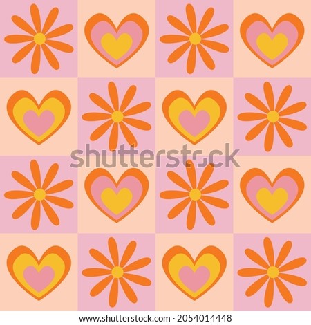 Bold, pink yellow and orange seamless vector pattern. 1970's groovy design with geometric tiled flowers and hearts. Seventies style, retro, psychedelic, floral background wallpaper texture print. 