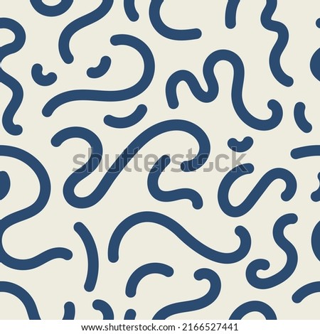 Blue squiggle seamless vector pattern. Navy color squiggly lines on an off white background. Cool, fun, creative, abstract wavy lines. Simple, minimal, repeat backdrop texture. 