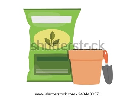 Bag of potting mix or garden soil with terracotta pot and hand trowel. Gardening and planting supplies and tools, flat vector graphic illustration.