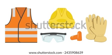 Worker safety gear illustration set. Personal protective equipment collection including, hi-vis vest, hard hat, safety glasses, ear plugs and gloves. PPE flat vector graphic elements.