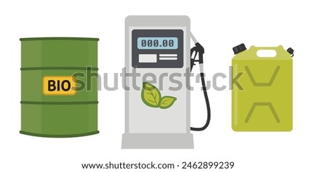 Biofuel vector illustration graphics. Eco friendly fuel pump, bio fuel barrel and jerry can. 