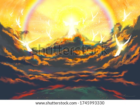 Religious illustration depicting the Second Coming of Jesus Christ with His angels, and described in the New Testament Matthew chapter 24 and Revelation of the Bible