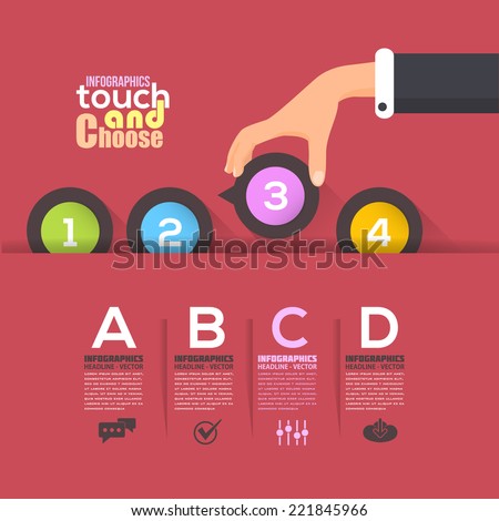 Flat Infographics Template and Web Elements - Business, Marketing Touch and Choose Concept Vector Design on Red Background 