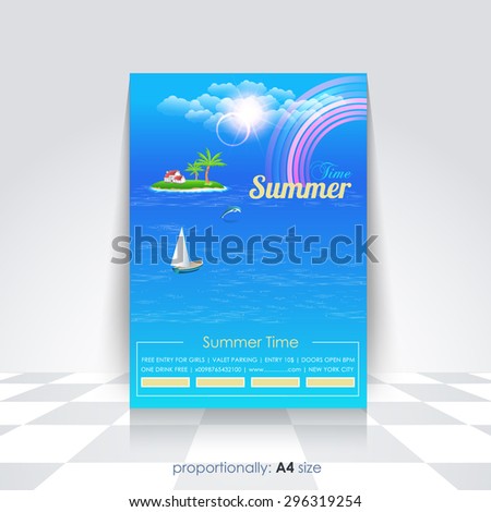 Summer Time, Ocean Landscape, Summer Travel or School Camp Flyer, Brochure Design Template