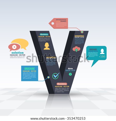 3d Style Letter V Flat Infographics Design and Web Elements. Business, Marketing Concept Vector Template
