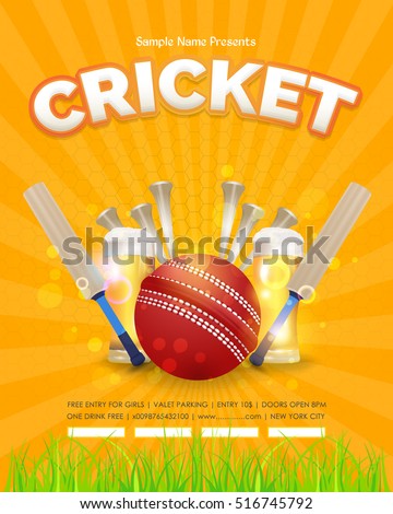 Cricket Poster Event Info Postcard Design and Sports Ad Web Banner or Vertical Card Template, Cricketer Ball and Stick Illustration. Sports Vector Background