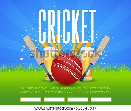 Cricket Poster Event Info Postcard Design and Sports Ad Web Banner or Horizontal Card Template, Cricketer Ball and Stick Illustration. Sports Vector Background