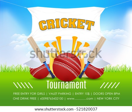 Cricket Vertical Poster Event Info Postcard Design and Sports Ad Web Banner or Card Template, Cricketer Ball and Stick Illustration. Sports Vector Background