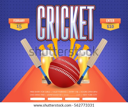 Cricket Event Poster Background, Vector Spotlights Banner Event Info Postcard Design and Typographic Sports Ad Web Banner or Info Horizontal Card Template, Cricketer Ball, Stick and Grass Illustration