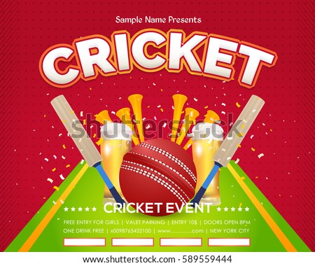 Cricket Event Poster Background, Vector Spotlights Banner Event Info Postcard Design and Typographic Sports Ad Web Banner or Card Template, Cricketer Ball, Stick Illustration