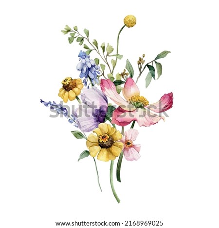 Garden bouquet of watercolor flowers. Hand painted botanical illustration with summer flowers in pastel colors