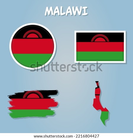 Flag and national coat of arms of the Republic of Malawi overlaid on detailed outline map isolated.