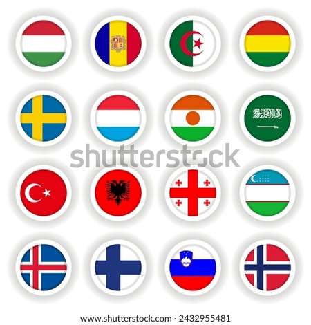 Set of country flags round buttons of different countries.