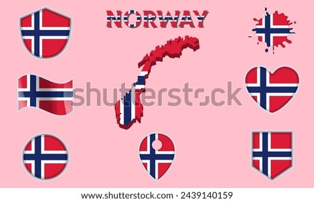 Collection of flags and coats of arms of Norway in flat style with map and text.