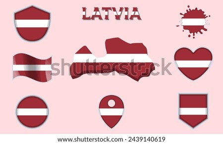 Collection of flags and coats of arms of Latvia in flat style with map and text.