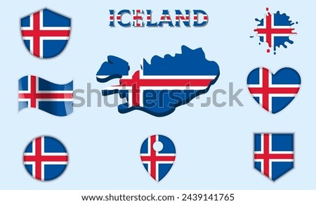 Collection of flags and coats of arms of Iceland in flat style with map and text.