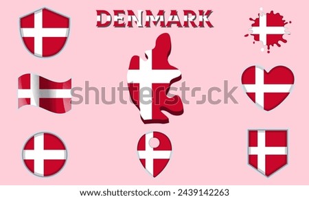 Collection of flags and coats of arms of Denmark in flat style with map and text.