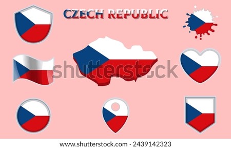 Collection of flags and coats of arms of Czech Republic in flat style with map and text.