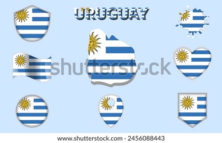 Collection of flags and coats of arms of Uruguay in flat style with map and text.