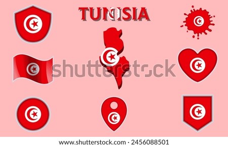 Collection of flags and coats of arms of Tunisia in flat style with map and text.