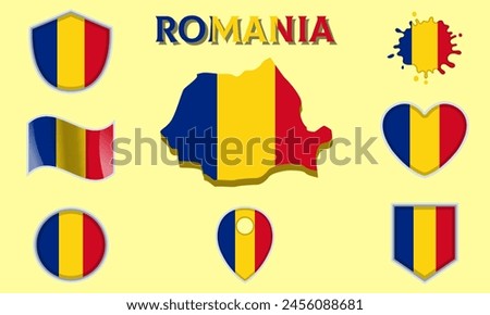 Collection of flags and coats of arms of Romania in flat style with map and text.