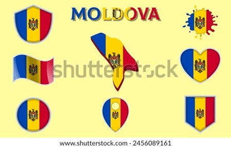 Collection of flags and coats of arms of Moldova in flat style with map and text.