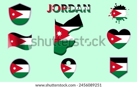 Collection of flags and coats of arms of Jordan in flat style with map and text.