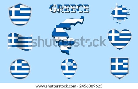 Collection of flags and coats of arms of Greece in flat style with map and text.