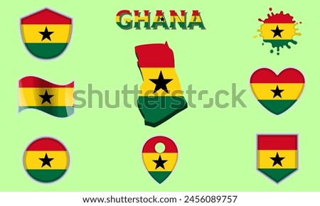 Collection of flags and coats of arms of Ghana in flat style with map and text.