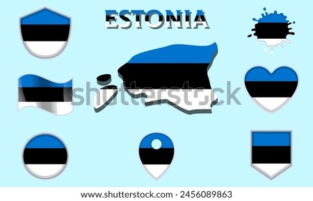 Collection of flags and coats of arms of Estonia in flat style with map and text.