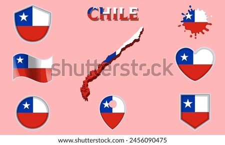 Collection of flags and coats of arms of Chile in flat style with map and text.